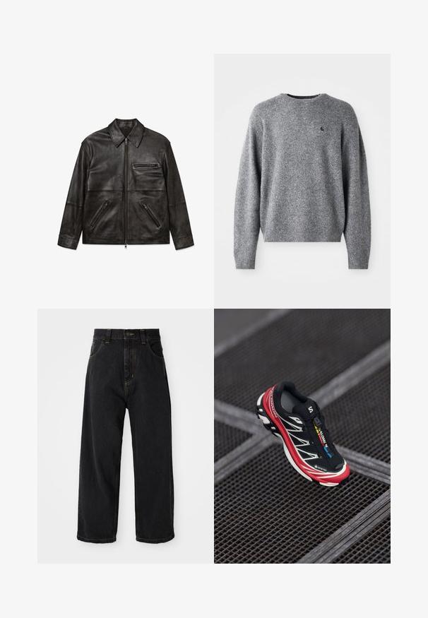 Fekete bőrdzseki elöl zipzárral, klasszikus gallérral és három cipzáras zsebbel, síkban, fehér háttéren bemutatva.; Szürke kötött pulóver kerek nyakkal, bordás mandzsettákkal és szegéllyel, valamint egy kis logóval a mellkason. Puha tapintású és lazán illeszkedő fazon.; Fekete, bő szárú farmernadrág magas derékkal, elöl gombbal és cipzárral, valamint sárga varrással a zsebeken és varratokon.; Fekete és piros sportcipő, texturált felsőrésszel, fényvisszaverő részletekkel és GORE-TEX címkével. Kifinomult dizájnnal és integrált fűzőrendszerrel rendelkezik.