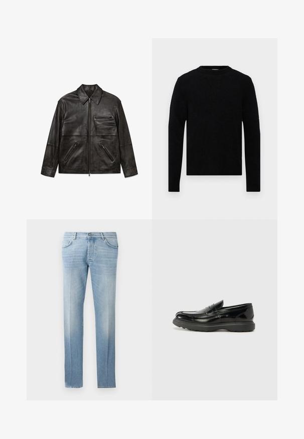 Juodas odinis švarkas su priekiniais užtrauktukais, klasikinė apykaklė ir trys užtrauktukais uždaromos kišenės, pateiktas ant balto fono.; Filippa K SWEATER - Džemperis - black; Šviesiai mėlyni džinsai su tiesia koja, švelniu dėvėjimosi efektu, penkių kišenių dizainu ir mygtukine užsegimo sistema juosmens srityje.; Juodas odinis loaferis su blizgiu paviršiumi, apvaliu pirštu, subtiliais siūlių detalėmis ir storu guminio pado, užtikrinančio ilgaamžiškumą.