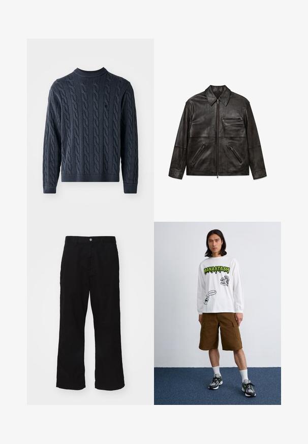 Juodas odinis švarkas su priekiniais užtrauktukais, klasikinė apykaklė ir trys užtrauktukais uždaromos kišenės, pateiktas ant balto fono.; Tamsiai mėlynas megztinis su dryžuotu raštu, apvalia kaklo anga ir raukšlėtomis rankogaliais bei apvadu. Pagamintas iš tekstūruotos medžiagos, suteikiančios šilumą.; Juodos plačios kojų kelnės, pagamintos iš medvilnės mišinio, su mygtukų uždarymu ir tiesiu kirpimu, turinčios minimaliai matomų siūlių.; Ilgų rankovių balta marškinė su juodais ir žaliais grafikos motyvais, derinami su rudais krovininiais šortais ir daugiaspalviais sportbačiais. Vienoda fono spalva.