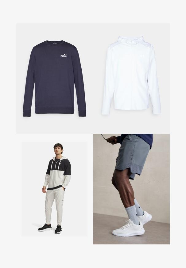 Sudadera blanca con cremallera y textura suave, con capucha, mangas largas y un pequeño logotipo en el lado izquierdo del pecho.; Sudadera de manga larga en color azul marino hecha de algodón. Presenta un cuello redondo, puños acanalados y un logo blanco de PUMA en el pecho. Textura suave.; Chaqueta deportiva con capucha en blanco y negro con cierre de cremallera; combinada con pantalones joggers blancos con bolsillos y puños elásticos; zapatillas negras.; Zapatillas deportivas blancas con parte superior de malla texturizada, combinadas con calcetas de canalé azul claro que cuentan con un logo. Pantalones cortos deportivos grises con borde perforado.