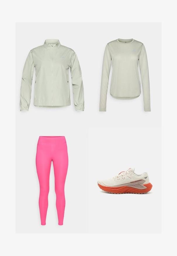 Casaco corta-vento verde claro com gola alta, fecho éclair à frente, punhos elásticos e bolsos laterais; textura do tecido suave e resistente à água.; Camisa de manga longa de cor verde clara, feita de um tecido texturizado, com um decote redondo e um pequeno logótipo na área do peito esquerdo.; Leggings rosas brilhantes com uma textura suave e elástica; design de cintura alta e forma ajustada; apresenta detalhes laterais discretos.; Sapatilha de corrida Salomon com parte superior em malha leve na cor off-white, sola em borracha laranja e acentos refletivos; possui um entressola acolchoada.