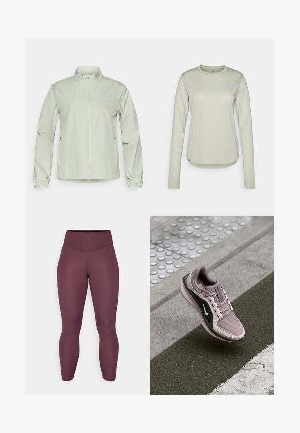 Lichtgroene windjack met een staande kraag, rits aan de voorkant, elastische manchetten en zijzakken; gladde, waterafstotende stof.; Lange mouwen lichtgroen shirt gemaakt van gestructureerde stof, met een ronde halslijn en een klein logo op de linkerkant van de borst.; High-waisted, aansluitende leggings in een rijke bordeauxkleur. Gemaakt van een gladde, rekbare stof zonder zichtbare patronen of hardware.; Lichtpaarse sportieve schoen met een gebreide textuur, zwarte zijkanten en een wit logo. Heeft veters en een gevoerde zool voor comfort.
