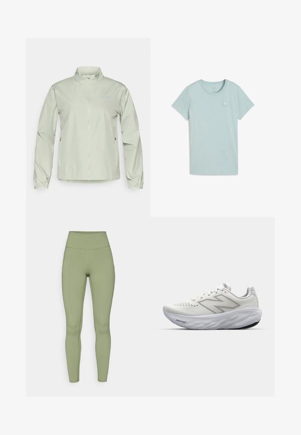 Gaiši zaļš vēja necaurlaidīgs jaciņa ar stāvošu apkakli, ar rāvējslēdzēju priekšā, elastīgām piedurknēm un sānu kabatām; gluda, ūdensizturīga auduma tekstūra.; Gaiši zils īsām piedurknēm T-krekls no mīksta kokvilnas; ar mazu balto logotipa uzlīmi kreisajā krūtīs. Apaļas kakla dizains.; Augstās jostasvietas legingi olīvu zaļā krāsā. Izgatavoti no elastīga auduma ar gludu tekstūru, ar šuvēm pa kājām.; Baltas sporta apavi ar acu acu augšdaļu, ar mīkstu apkakli, teksturētu zoli un "Fresh Foam" zīmolu uz vidus zoles.