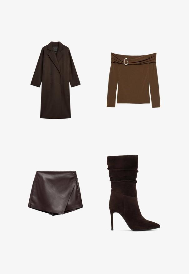 Brun lang frakke med dobbeltknaplukning, store klapper og oversized ærmer. Lavet af struktureret stof med to sorte knapper.; Brun off-shoulder top med lange ærmer, der har et snoet stofdesign og en sølvfarvet hjerteformet accent ved halsen.; Brun faux læder omslagsskjørt med en glat tekstur og skrå snit, der har rene kanter og en sidelukning med lynlås.; Brune ruskinds ankelstøvle med en slouchy overdel, spids tå og høj stilettohæl. Har en struktureret overflade og en glat silhuet.