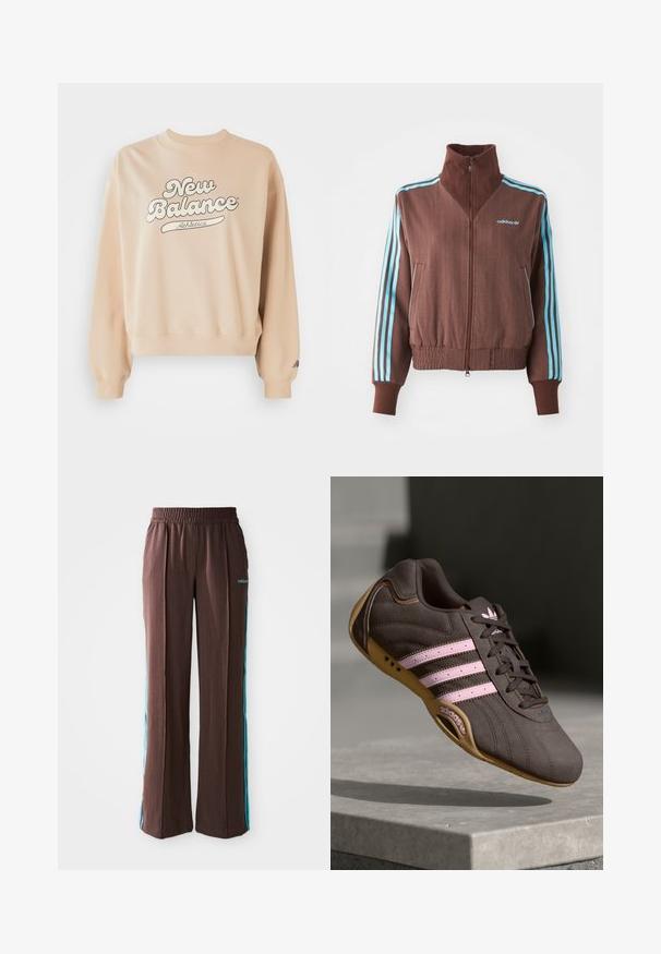 Καφέ μπουφάν με φερμουάρ και πλέξη ρίνας, χαρακτηρισμένο από τουρκουάζ τρεις ρίγες στους ώμους και τα μανίκια, καθώς και ένα κεντημένο λογότυπο.; Μπεζ φούτερ με ριγωτό γιακά και μανίκια. Διαθέτει μεγάλο λογότυπο "New Balance Athletics" σε σκούρο γκρι. Μαλακή υφή, χαλαρή εφαρμογή.; Καφέ αθλητικά παντελόνια με ριγέ υφή, ελαστική μέση και τουρκουάζ λωρίδες στο πλάι. Φέρουν το λογότυπο της adidas στο μπροστινό μέρος.; Καφέ σουέντ αθλητικό παπούτσι με ροζ ρίγες και λογότυπο, με υφή στο επάνω μέρος, κλείσιμο με κορδόνια και σόλα από καουτσούκ.