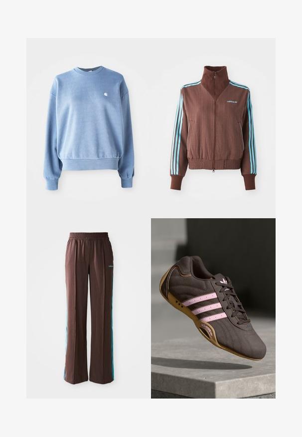 Bruine zip-up jas met een geribbelde textuur, voorzien van turquoise drie-strepen accenten op de schouders en mouwen, en een geborduurd logo.; Lichtblauwe crewneck sweatshirt van zachte stof, met geribde manchetten en zoom, met een klein wit logo op de borst.; Bruine sportbroek met een ribbelstructuur, elastische tailleband en turquoise zijstrepen. Voorzien van het adidas-logo aan de voorkant.; Bruine suède sport schoen met roze strepen en logo, voorzien van een gestructureerde bovenkant, vetersluiting en een gumrubberen zool.