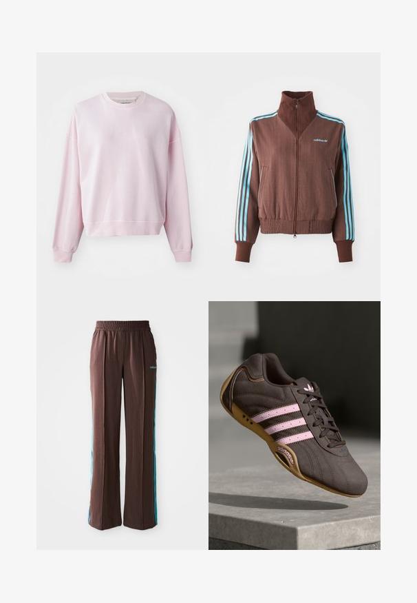 Chaqueta marrón con cremallera y textura acanalada, que presenta acentos de tres rayas turquesa en los hombros y las mangas, y un logotipo bordado.; Sudadera rosa claro con cuello redondo, hombros caídos y puños de canalé. Material de algodón suave, con un discreto logotipo bordado en la parte frontal.; Pantalones deportivos marrones con textura acanalada, cinturilla elástica y rayas laterales turquesas. Presenta el logo de adidas en la parte frontal.; Zapatilla deportiva de ante marrón con rayas y logotipo en rosa, con parte superior texturizada, cierre de cordones y suela de goma.