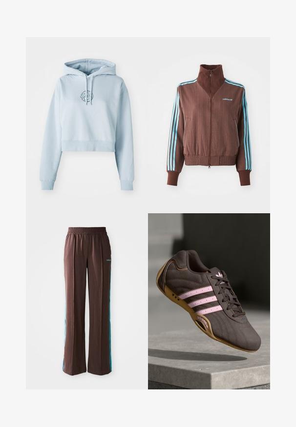 Hnědá zipová bunda s ribovanou strukturou, s tyrkysovými třemi pruhy na ramenech a rukávech a vyšitým logem.; Světlomodrá zkrácená mikina vyrobená z měkké látky. Obsahuje kapuci se stahovací šňůrkou a na hrudi má vyšitý kruhový logo v tyrkysové barvě.; Hnědé sportovní kalhoty s jemnými pruhy, elastickým pasem a tyrkysovými bočními pruhy. Na přední straně se nachází logo adidas.; Hnědé semišové sportovní boty s růžovými pruhy a logem, s texturovaným svrškem, šněrováním a gumovou podrážkou.