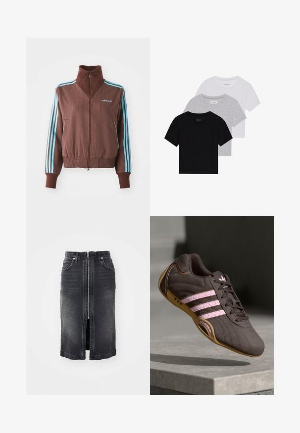 Casaco castanho com fecho éclair e textura canelada, apresentando detalhes em turquesa com três riscas nos ombros e mangas, além de um logótipo bordado.; Conjunto de três t-shirts de manga curta nas cores preto, cinza e branco. Feitas em algodão, com gola redonda e um design simples, em cores sólidas.; Saia de jeans preta com um fecho de correr frontal, dois bolsos laterais, design de comprimento médio e desbotamento sutil. Apresenta um corte reto e bordas rematadas.; Sapatilha atlética de camurça castanha com riscas e logótipo rosa, apresentando um upper texturizado, fecho de atacadores e uma sola de borracha de goma.