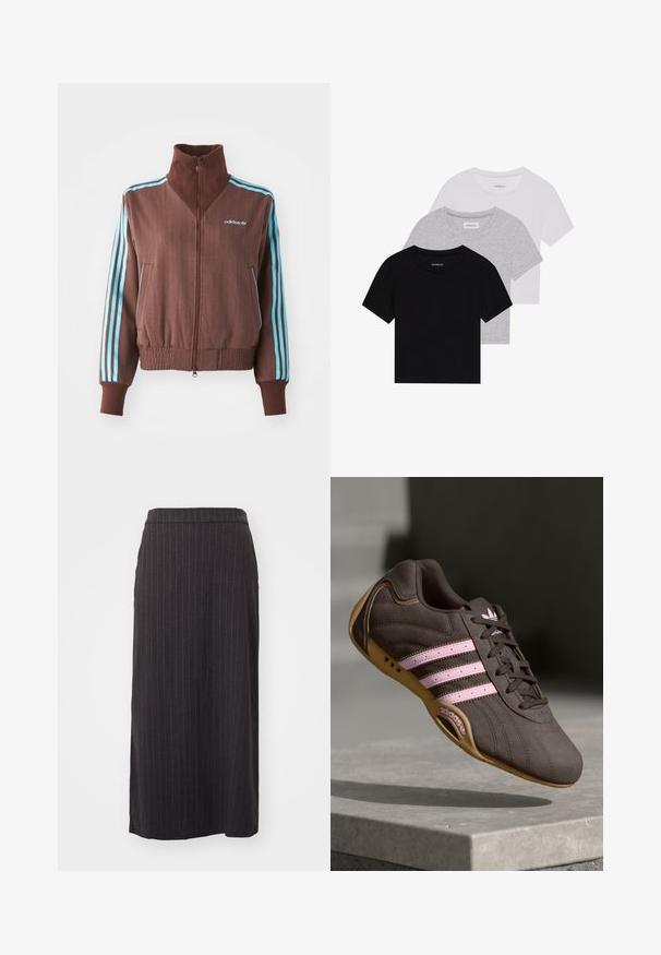 Rjava zadrgo jakna z rebrastim teksturo, ki ima turkizne tri črte na ramenskem in rokavskem delu ter vezeno logo.; Komplet treh majic s kratkimi rokavi v črni, sivi in beli barvi. Izdelane iz bombaža, z okroglim izrezom in preprostim, enobarvnim dizajnom.; Črna midi krila s prugasto teksturo in ravnim krojem, ki ima gladko površino in pas na vrhu. Vključuje tudi stranski razporek.; Rjave semiš tene za šport z rožnatimi črtami in logotipom, ki imajo teksturirano zgornji del, vezalke in podplat iz gume.