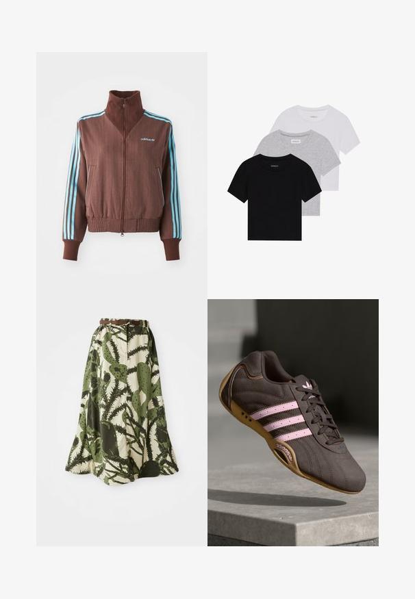 Brūns jaku ar pievilkšanas rāvējslēdzēju, ar ribu tekstūru, kam ir tirkīza trīs svītru akcenti uz pleciem un piedurknēm, kā arī izšūta logo.; Trīs īsām piedurknēm T-krekli melnā, pelēkā un baltā krāsā. Izgatavoti no kokvilnas, ar apaļu kakla izgriezumu un vienkāršu, viendabīgu krāsas dizainu.; Garā svārki ar kaktusu rakstu zaļās un krēma krāsās, ar saspringtu jostasvietu un brūnu jostu fiksēšanai.; Brūni zamšādas sporta apavi ar rozā svītrām un logo, ar teksturētu virsmu, šņorēšanas aizdari un gumijas zoli.