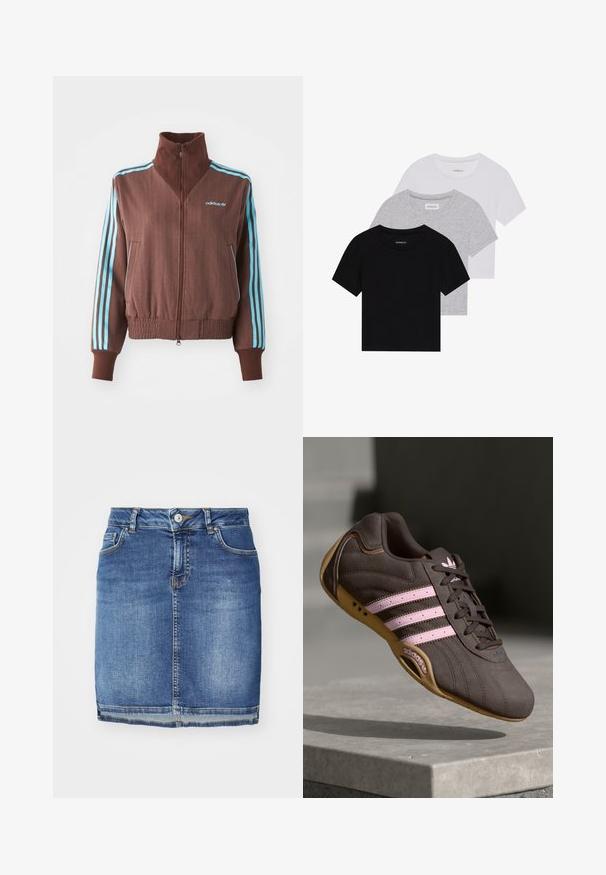 Casaco castanho com fecho éclair e textura canelada, apresentando detalhes em turquesa com três riscas nos ombros e mangas, além de um logótipo bordado.; Conjunto de três t-shirts de manga curta nas cores preto, cinza e branco. Feitas em algodão, com gola redonda e um design simples, em cores sólidas.; Saias de ganga em azul escuro, com corte reto, cinco bolsos, passantes para cinto e fecho por botão. Barra afunilada com costura contrastante.; Sapatilha atlética de camurça castanha com riscas e logótipo rosa, apresentando um upper texturizado, fecho de atacadores e uma sola de borracha de goma.