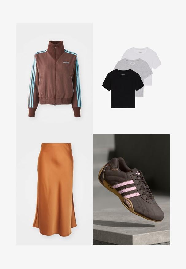 Barna cipzáras dzseki bordázott textúrával, türkiz színű háromcsíkos díszítéssel a vállakon és ujjakon, valamint hímzett logóval.; Három rövidujjú póló készlet fekete, szürke és fehér színben. Pamutból készült, kerek nyakú, egyszerű, egyszínű dizájnnal.; Selyem midi szoknya égett narancssárga színben, sima textúrával, oldalsó hasítékkal és enyhén bővülő szegéllyel a légies sziluettért.; Barna velúr sportcipő rózsaszín csíkokkal és logóval, texturált felsőrésszel, fűzős záródással és gumi talppal.