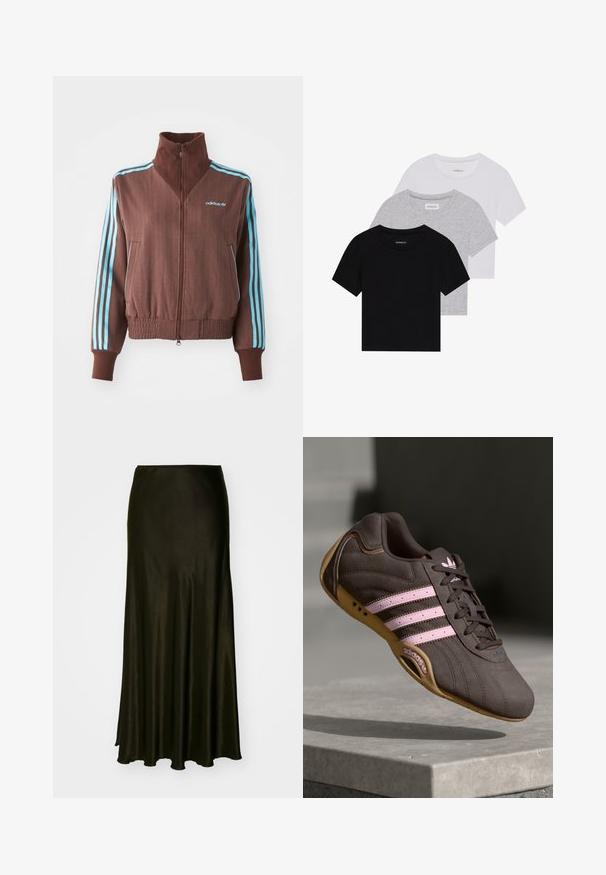 Brun zip-up jakke med ribbet tekstur, med turkise tre-stripe aksenter på skuldre og ermer, samt et brodert logo.; Sett med tre kortermede t-skjorter i svart, grått og hvitt. Laget av bomull, med rund hals og en enkel, ensfarget design.; Maxiskjørt i mørkegrønn satengmateriale; glatt tekstur, utsvakt design med en myk helning, preget av en minimalistisk stil uten tilleggselementer.; Brune suede atletik sko med rosa striper og logo, med en teksturert overdel, snøring og såle i gummigummi.