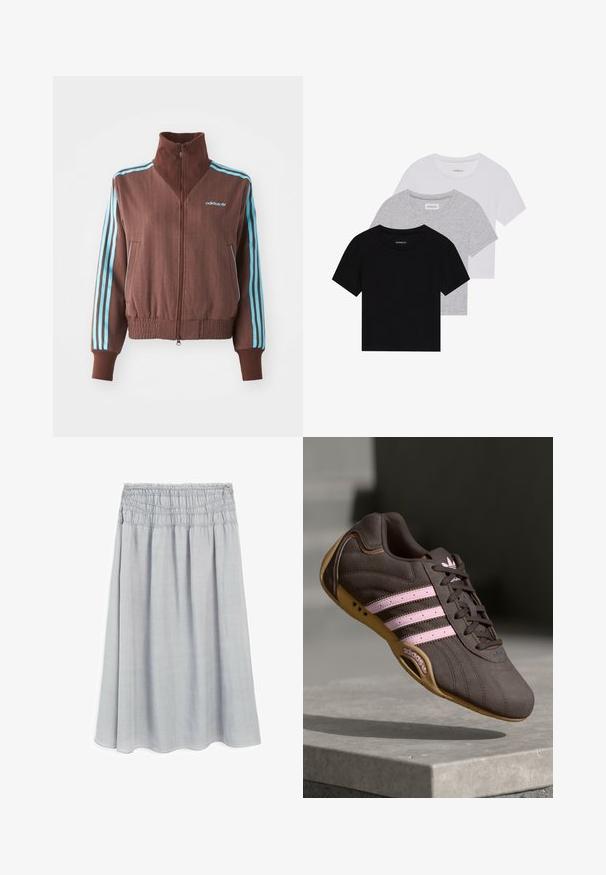Hnědá zipová bunda s ribovanou strukturou, s tyrkysovými třemi pruhy na ramenech a rukávech a vyšitým logem.; Sada tří triček s krátkým rukávem v černé, šedé a bílé barvě. Vyrobena z bavlny, s kulatým výstřihem a jednoduchým jednobarevným designem.; Světle šedá, sukně ke kolenům s nařaseným elastickým pasem a jemnou, hladkou texturou. Plynulý design s mírným A-článkem.; Hnědé semišové sportovní boty s růžovými pruhy a logem, s texturovaným svrškem, šněrováním a gumovou podrážkou.