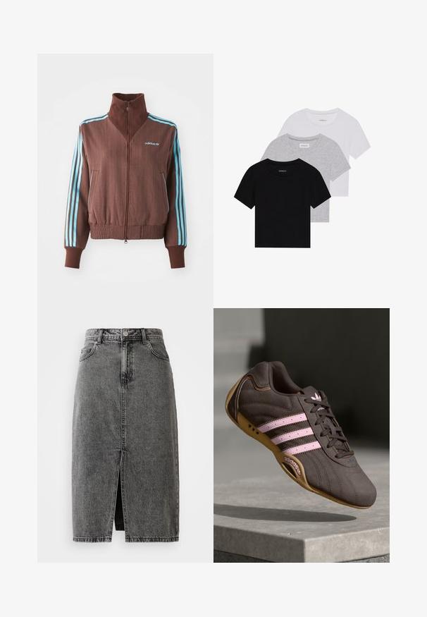 Casaco castanho com fecho éclair e textura canelada, apresentando detalhes em turquesa com três riscas nos ombros e mangas, além de um logótipo bordado.; Conjunto de três t-shirts de manga curta nas cores preto, cinza e branco. Feitas em algodão, com gola redonda e um design simples, em cores sólidas.; Saia midi em denim preto desbotado de cintura alta, com fenda frontal, passantes para cinto e design clássico de cinco bolsos.; Sapatilha atlética de camurça castanha com riscas e logótipo rosa, apresentando um upper texturizado, fecho de atacadores e uma sola de borracha de goma.