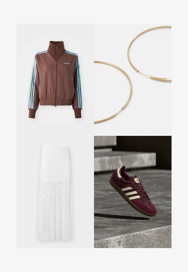 Smeđa jakna na zip s rebrastom teksturom, koja ima tirkizne trostruke akcentne pruge na ramenima i rukavima, te izvezeni logo.; Set od tri majice kratkih rukava u crnoj, sivoj i bijeloj boji. Izrađene od pamuka, s okruglim izrezom i jednostavnim, jednobojnim dizajnom.; Bijela čipkasta maxi suknja s cvjetnim uzorkom, s uskim strukom i lepršavim, polu-prozirnim donjim dijelom. Teksturirani materijal.; Bordo tenisica od teksturirane kože, s tri bijele pruge i zlatnim detaljima. Gumeni potplat, klasični Samba dizajn i detalji od prozračnog mrežastog materijala.; Zlatne kružne naušnice, tanke i okrugle, s glatkom metalnom površinom bez ukrasa ili uzoraka.