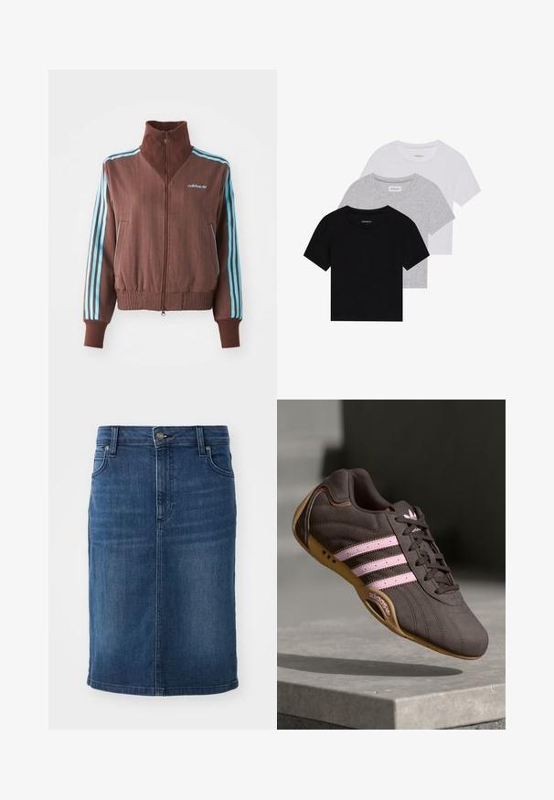 Brun zip-up jacka med ribbad textur, som har turkosa tre-strimmiga detaljer på axlar och ärmar, samt en broderad logotyp.; Set med tre kortärmade t-shirts i svart, grått och vitt. Tillverkade av bomull, med rund hals och en enkel, enfärgad design.; Denim penklänning i mörkblått, med enfärgat tyg, midilängd, bältesöglor och framfickor med dragkedja.; Bruna mocka sportskor med rosa ränder och logotyp, med en texturerad överdel, snörning och en sula av gummigummi.