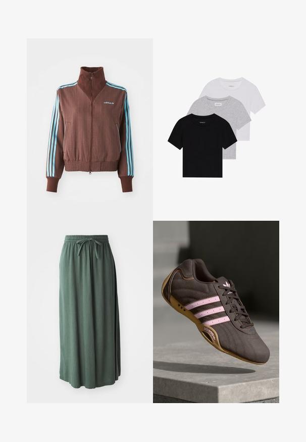 Smeđa jakna na zip s rebrastom teksturom, koja ima tirkizne trostruke akcentne pruge na ramenima i rukavima, te izvezeni logo.; Set od tri majice kratkih rukava u crnoj, sivoj i bijeloj boji. Izrađene od pamuka, s okruglim izrezom i jednostavnim, jednobojnim dizajnom.; Zelena, suknja srednje duljine izrađena od mekanog materijala s elastičnom pojasom i podesivim vezicom; glatka tekstura i jednostavan dizajn.; Smeđi suedeski atletski tenisice s ružičastim prugama i logotipom, s teksturiranim gornjim dijelom, vezanjem na vezice i gumiranim potplatom.