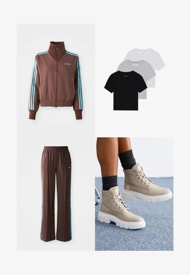 Brązowa kurtka zapinana na zamek z ryflowaną teksturą, z turkusowymi trójpaskowymi akcentami na ramionach i rękawach oraz haftowanym logo.; Zestaw trzech koszulek z krótkim rękawem w kolorze czarnym, szarym i białym. Wykonane z bawełny, z okrągłym dekoltem i prostym, jednolitym wzorem.; Brązowe spodnie sportowe o ribbowanej fakturze, z elastycznym pasem i turkusowymi paskami po bokach. Posiadają logo adidas z przodu.; Beżowe botki za kostkę wykonane z tekstyliów, z białą grubą podeszwą, okrągłym noskiem i metalowymi oczkami. Zaprojektowane z logo po boku.