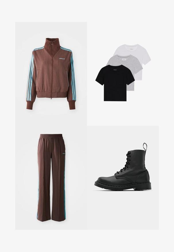 Brown zip-up jacket with a ribbed texture, featuring turquoise three-stripe accents on shoulders and sleeves, and an embroidered logo.; Set of three short-sleeve t-shirts in black, gray, and white. Made from cotton, featuring a crew neck and a simple, solid color design.; Brown athletic pants with a ribbed texture, elastic waistband, and turquoise side stripes. Features the adidas logo on the front.; Black leather combat boot with a round toe, lace-up front, and a pull tab at the ankle. Features a thick rubber sole for durability.