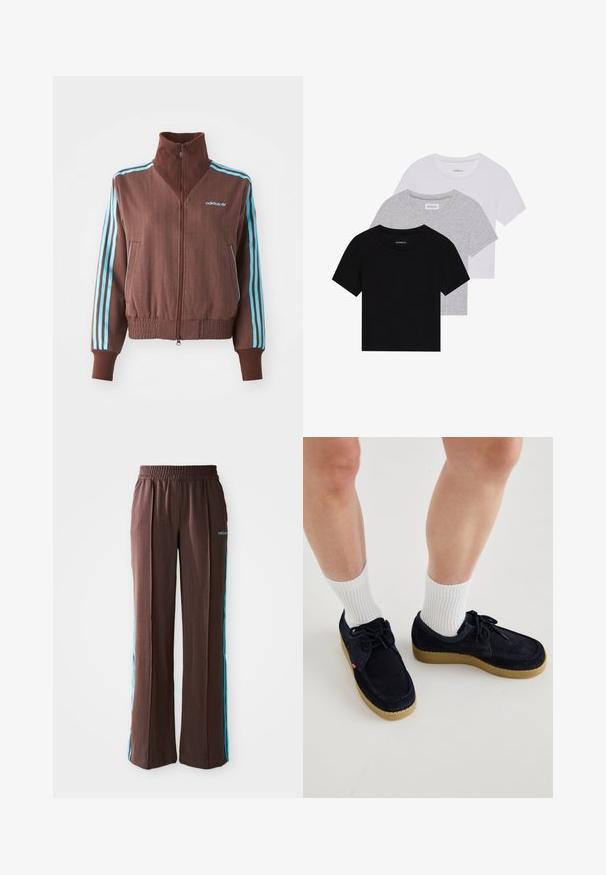 Brun zip-up jakke med ribbet tekstur, med turkise tre-stripe aksenter på skuldre og ermer, samt et brodert logo.; Sett med tre kortermede t-skjorter i svart, grått og hvitt. Laget av bomull, med rund hals og en enkel, ensfarget design.; Brune sporty bukser med ribbet tekstur, elastisk talje og turkise side striber. Har adidas-logoet på forsiden.; Mørkeblå semsket skinnsko med rund tå, snøring og kremfarget gummisåle. Kombinert med hvite ribbestrikkede sokker.