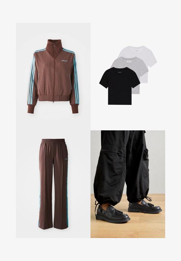 Giacca marrone con zip e texture a coste, dotata di accenti turchesi a tre strisce sulle spalle e sulle maniche, e un logo ricamato.; Set di tre t-shirt a maniche corte in nero, grigio e bianco. Realizzate in cotone, presentano un collo a giro e un design semplice in un colore solido.; Pantaloni sportivi marroni con texture a coste, vita elastica e strisce laterali turchesi. Presentano il logo adidas sul davanti.; Geox SERILDA - Scarpe senza lacci - black
