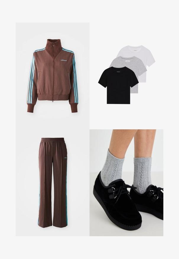 Ruda zip-up striukė su gumine tekstūra, turinti turkio spalvos tris juosteles ant pečių ir rankovių bei siuvinėtą logotipą.; Trijų trumpomis rankovėmis marškinėlių rinkinys juodos, pilkos ir baltos spalvos. Pagaminti iš medvilnės, turi apvalų iškirpimą ir paprastą, vientisos spalvos dizainą.; Rudos sportiniai kelniukai su raukšlėtu paviršiumi, elastinga juosta ir turkio spalvos šoninėmis juostelėmis. Priekyje yra adidas logotipas.; Juodi aksominiai bateliai su plokščiais padais, apvalia nosimi ir dvigubais raišteliais. Dėvimi su pilkais megztiniais kojinėmis. Lygi tekstūra ir paprastas dizainas.