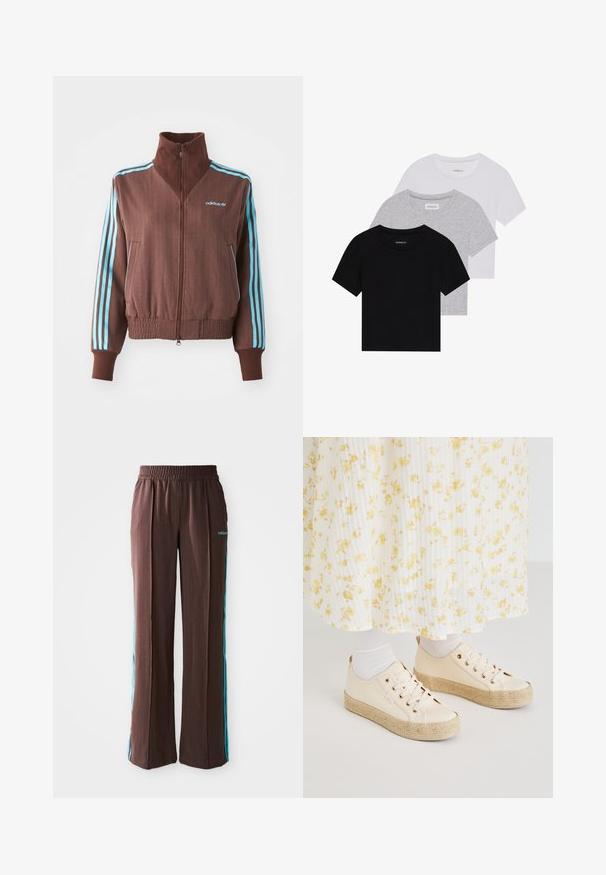 Brun zip-up jakke med ribbet tekstur, med turkise tre-stripe aksenter på skuldre og ermer, samt et brodert logo.; Sett med tre kortermede t-skjorter i svart, grått og hvitt. Laget av bomull, med rund hals og en enkel, ensfarget design.; Brune sporty bukser med ribbet tekstur, elastisk talje og turkise side striber. Har adidas-logoet på forsiden.; Beige joggesko med en glatt overflate, med en såle som har jute-lignende tekstur, snøring og detaljer i roségull. Bært med en hvit, blomstertrykt skjørt.