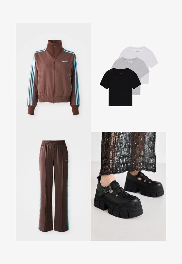 Pruun tõmblukk-jakk ribatud tekstuuriga, millel on türkiissinised kolmeribade aksessuaalid õlgadel ja varrukatel ning brodeeritud logo.; Kollektsioon kolm lühikese varrukaga T-särki mustas, hallis ja valges värvitoonis. Valmistatud puuvillast, ümmarguse kaelusega ja lihtsa, ühevärvilise disainiga.; Pruunid spordipüksid, millel on soonikkoes, elastne vöökoht ja türkiissinised külje triibud. Esiosas on adidas logo.; Mustad platvormi sandaalid, millel on paks disain, laiad rihmad ja külgmine pandla. Valmistatud tekstureeritud kummist koos logodetailliguga.