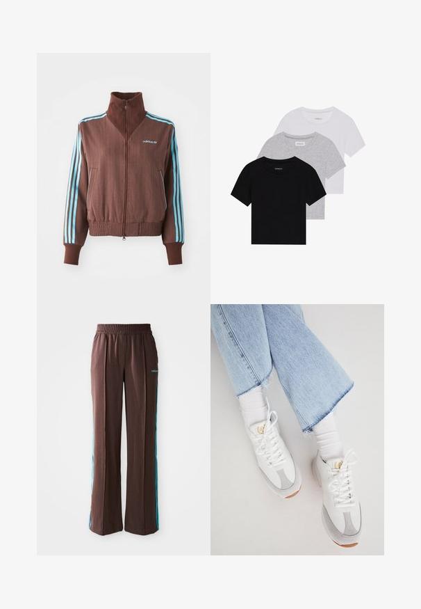 Hnědá zipová bunda s ribovanou strukturou, s tyrkysovými třemi pruhy na ramenech a rukávech a vyšitým logem.; Sada tří triček s krátkým rukávem v černé, šedé a bílé barvě. Vyrobena z bavlny, s kulatým výstřihem a jednoduchým jednobarevným designem.; Hnědé sportovní kalhoty s jemnými pruhy, elastickým pasem a tyrkysovými bočními pruhy. Na přední straně se nachází logo adidas.; Bílé tenisky s šedými akcenty, vyrobené z kůže a semiše. Mají texturovaný povrch, tkaničky a gumovou podrážku. Noseny s světle modrými zkrácenými džíny.