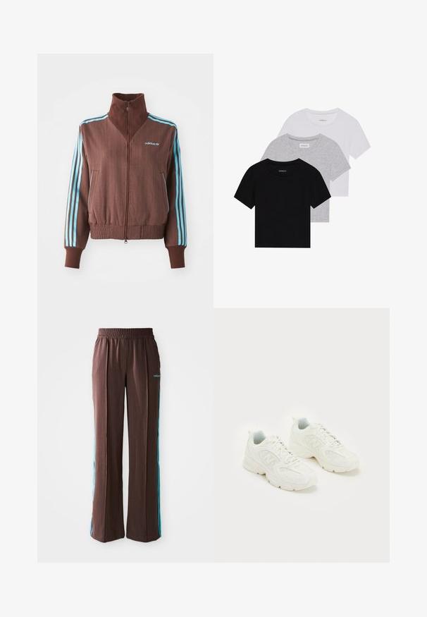 Brown zip-up jacket with a ribbed texture, featuring turquoise three-stripe accents on shoulders and sleeves, and an embroidered logo.; Set of three short-sleeve t-shirts in black, gray, and white. Made from cotton, featuring a crew neck and a simple, solid color design.; Brown athletic pants with a ribbed texture, elastic waistband, and turquoise side stripes. Features the adidas logo on the front.; White athletic shoes with mesh and smooth leather, featuring subtle perforations, a rounded toe, and a white rubber sole with logo detail.