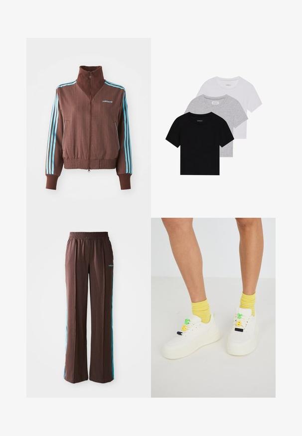 Braune Zip-Jacke mit strukturiertem Rippdesign, die türkise Akzente mit drei Streifen an den Schultern und Ärmeln aufweist, sowie ein gesticktes Logo.; Set aus drei kurzärmeligen T-Shirts in Schwarz, Grau und Weiß. Hergestellt aus Baumwolle, mit Rundhalsausschnitt und einem einfachen, einfarbigen Design.; Braune Sporthosen mit gerippter Textur, elastischem Bund und türkisfarbenen Seitenstreifen. Mit dem adidas-Logo auf der Vorderseite.; Weiße Sneakers mit einer kräftigen Sohle, verziert mit bunten Schnürsenkeln in Grün, Gelb und Schwarz. Getragen mit gelben gerippten Socken.