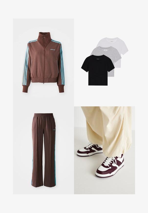 Veste zippée marron avec une texture côtelée, présentant des accents turquoise à trois rayures sur les épaules et les manches, ainsi qu'un logo brodé.; Ensemble de trois t-shirts à manches courtes en noir, gris et blanc. Fabriqués en coton, avec un col rond et un design simple de couleur unie.; Pantalons de sport marron avec une texture côtelée, une taille élastique et des rayures latérales turquoise. Arbore le logo adidas sur le devant.; ONLY SHOES ONLSWIFT - Baskets basses - white/dark red