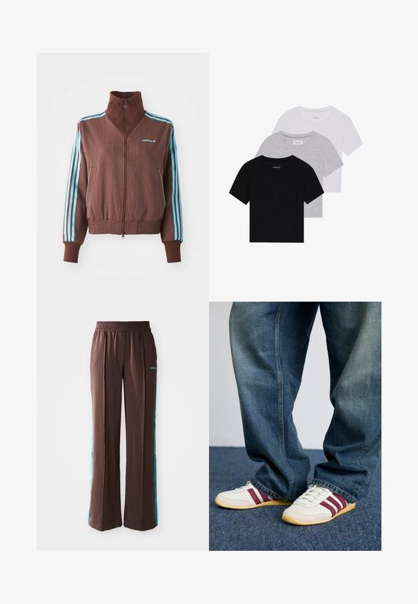 Brown zip-up jacket with a ribbed texture, featuring turquoise three-stripe accents on shoulders and sleeves, and an embroidered logo.; Set of three short-sleeve t-shirts in black, gray, and white. Made from cotton, featuring a crew neck and a simple, solid color design.; Brown athletic pants with a ribbed texture, elastic waistband, and turquoise side stripes. Features the adidas logo on the front.; White sneakers with maroon stripes, textured leather and mesh, paired with loose-fitting blue denim jeans. Soft rubber soles, casual style.