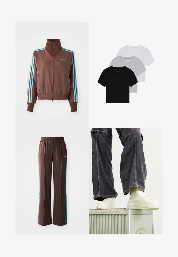 Brown zip-up jacket with a ribbed texture, featuring turquoise three-stripe accents on shoulders and sleeves, and an embroidered logo.; Set of three short-sleeve t-shirts in black, gray, and white. Made from cotton, featuring a crew neck and a simple, solid color design.; Brown athletic pants with a ribbed texture, elastic waistband, and turquoise side stripes. Features the adidas logo on the front.; High-top sneakers in off-white canvas with rubber soles, detailed stitching, and a circular logo, paired with dark gray wide-leg cargo pants.