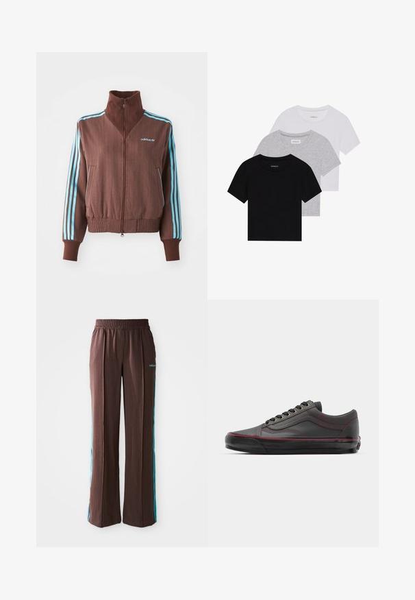 Hnedá zipsová bunda s rebrovanou textúrou, s tyrkysovými trojpruhovými akcentmi na pleciach a rukávoch, a vyšitým logom.; Sada troch tričiek s krátkym rukávom v čiernej, šedej a bielej farbe. Vyrobené z bavlny, s okrúhlym výstrihom a jednoduchým, jednofarebným dizajnom.; Hnedé športové nohavice s rebrovou textúrou, elastickým pásom a tyrkysovými bočnými pruhmi. Na prednej strane sa nachádza logo adidas.; Čierne kožené tenisky s bordovými akcentmi, zaoblenou špičkou, viazaním, viditeľným šitím a textúrovanou gumovou podrážkou.