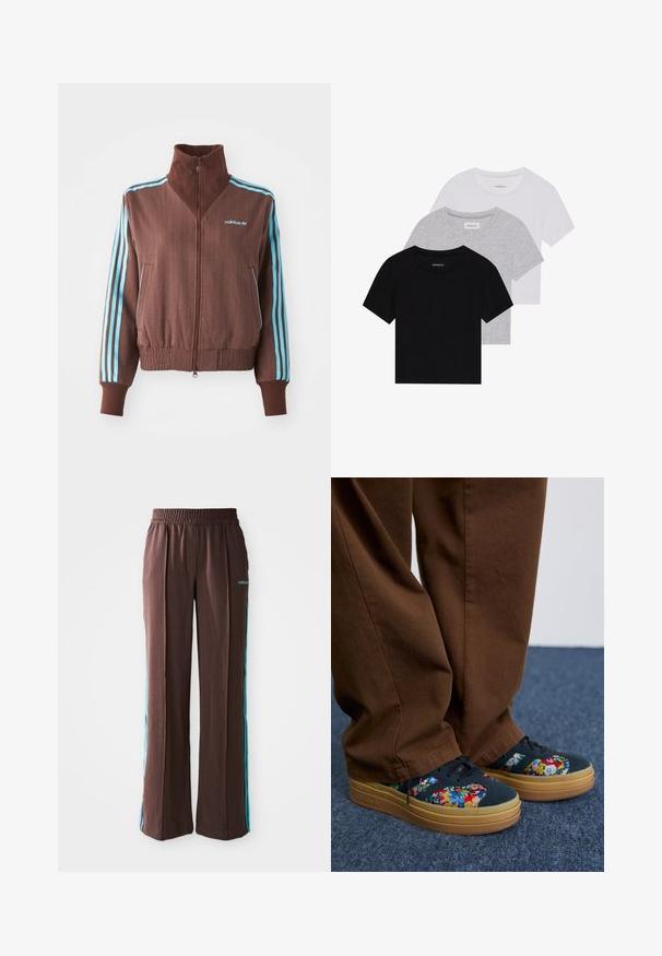 Smeđa jakna na zip s rebrastom teksturom, koja ima tirkizne trostruke akcentne pruge na ramenima i rukavima, te izvezeni logo.; Set od tri majice kratkih rukava u crnoj, sivoj i bijeloj boji. Izrađene od pamuka, s okruglim izrezom i jednostavnim, jednobojnim dizajnom.; Smeđe atletske hlače s rebrastom teksturom, elastičnim pojasom i tirkiznim bočnim trakama. Na prednjem dijelu nalazi se adidas logo.; Platnene tenisice s višebojnim cvjetnim i geometrijskim uzorcima. Imaju crne vezice i svijetlosmeđi gumeni potplat.