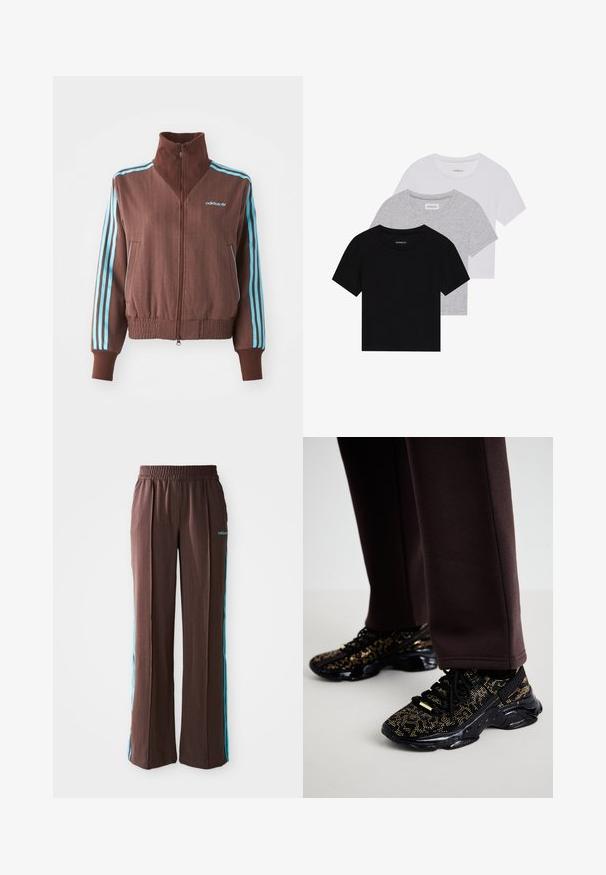 Casaco castanho com fecho éclair e textura canelada, apresentando detalhes em turquesa com três riscas nos ombros e mangas, além de um logótipo bordado.; Conjunto de três t-shirts de manga curta nas cores preto, cinza e branco. Feitas em algodão, com gola redonda e um design simples, em cores sólidas.; Calças atléticas castanhas com uma textura canelada, cintura elástica e riscas laterais turquesa. Apresentam o logo da adidas na frente.; Ténis pretos com pontos dourados, superfície texturizada e sola grossa preta. Combinados com calças de moletom castanhas, mostrando um design ajustado.