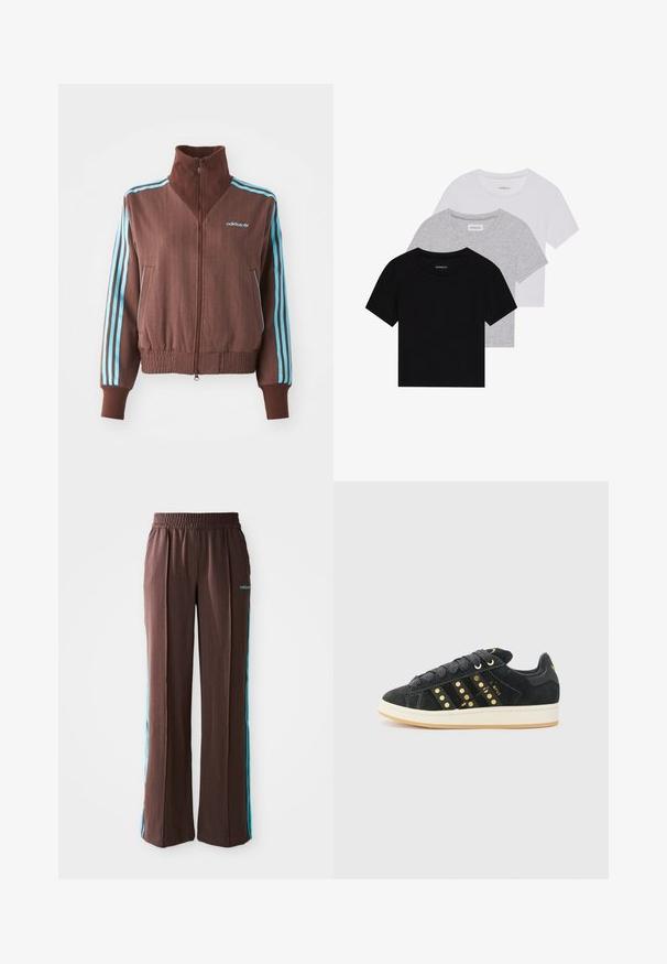 Brązowa kurtka zapinana na zamek z ryflowaną teksturą, z turkusowymi trójpaskowymi akcentami na ramionach i rękawach oraz haftowanym logo.; Zestaw trzech koszulek z krótkim rękawem w kolorze czarnym, szarym i białym. Wykonane z bawełny, z okrągłym dekoltem i prostym, jednolitym wzorem.; Brązowe spodnie sportowe o ribbowanej fakturze, z elastycznym pasem i turkusowymi paskami po bokach. Posiadają logo adidas z przodu.; adidas Originals - Sneakersy niskie
