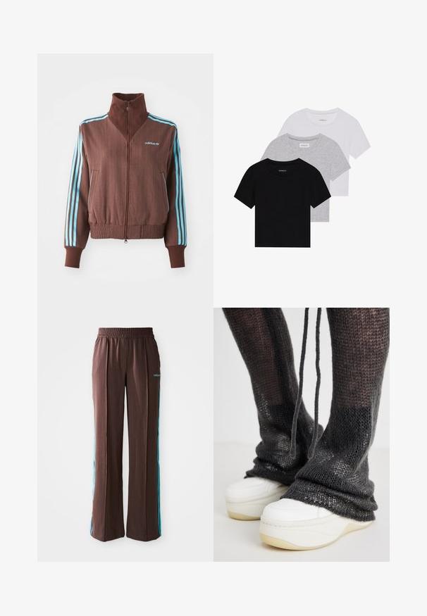 Pruun tõmblukk-jakk ribatud tekstuuriga, millel on türkiissinised kolmeribade aksessuaalid õlgadel ja varrukatel ning brodeeritud logo.; Kollektsioon kolm lühikese varrukaga T-särki mustas, hallis ja valges värvitoonis. Valmistatud puuvillast, ümmarguse kaelusega ja lihtsa, ühevärvilise disainiga.; Pruunid spordipüksid, millel on soonikkoes, elastne vöökoht ja türkiissinised külje triibud. Esiosas on adidas logo.; Tumedast halli kudumiga sääre soojendajad, mis on lõdvema lõike ja kummipaeltega, koos valgete platvormsneakeritega, millel on tekstureeritud tallad.