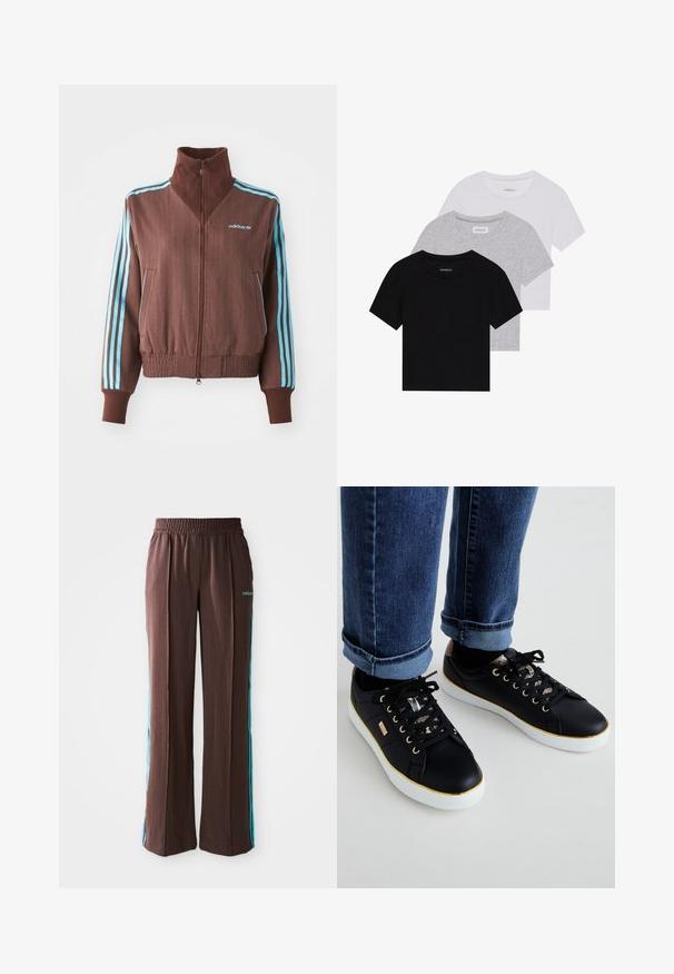 Brun zip-up jakke med ribbet tekstur, med turkise tre-stripe aksenter på skuldre og ermer, samt et brodert logo.; Sett med tre kortermede t-skjorter i svart, grått og hvitt. Laget av bomull, med rund hals og en enkel, ensfarget design.; Brune sporty bukser med ribbet tekstur, elastisk talje og turkise side striber. Har adidas-logoet på forsiden.; Sorte joggesko med hvite såler, gullakenter og mønstrede snører. Brukt med oppbrettede blå denimjeans.
