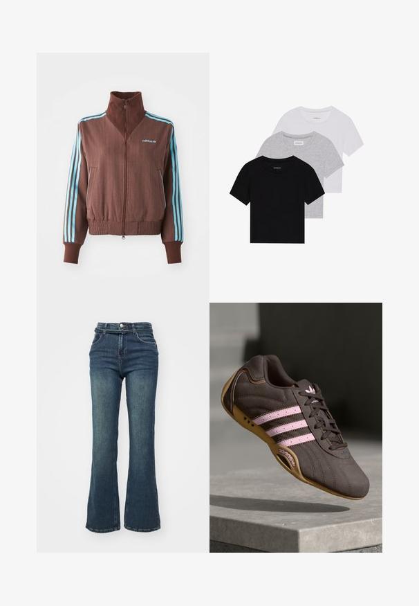 Veste zippée marron avec une texture côtelée, présentant des accents turquoise à trois rayures sur les épaules et les manches, ainsi qu'un logo brodé.; Ensemble de trois t-shirts à manches courtes en noir, gris et blanc. Fabriqués en coton, avec un col rond et un design simple de couleur unie.; Jean flare bleu foncé à taille haute, conçu en denim. Comprend des poches avant, une fermeture à bouton et un léger dégradé sur les cuisses.; Chaussure de sport en suède brun avec des rayures et un logo roses, dotée d'un dessus texturé, de lacets et d'une semelle en caoutchouc beige.