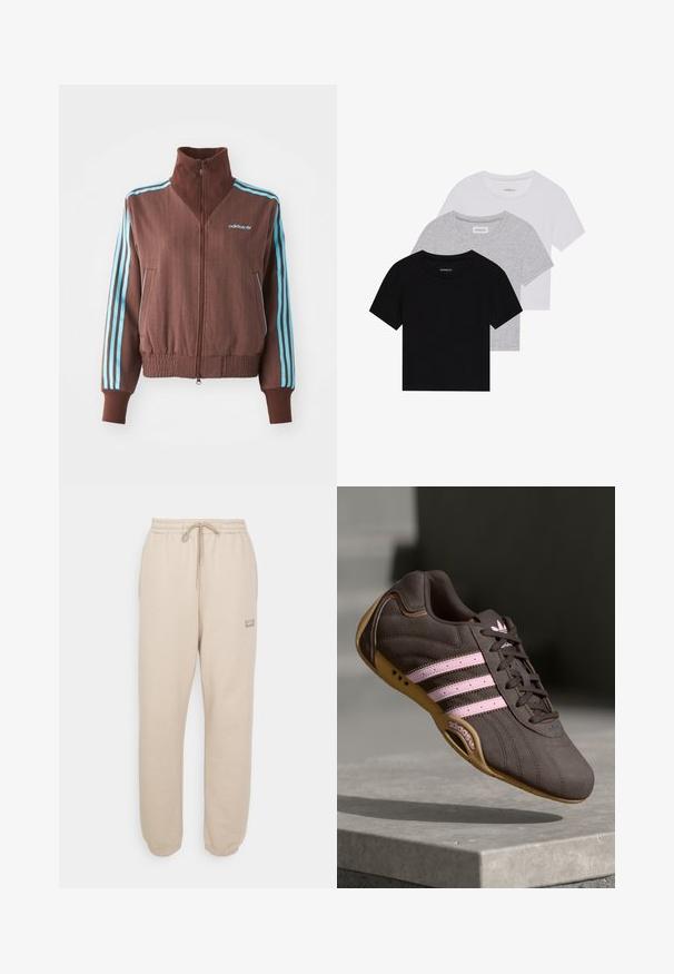 Chaqueta marrón con cremallera y textura acanalada, que presenta acentos de tres rayas turquesa en los hombros y las mangas, y un logotipo bordado.; Conjunto de tres camisetas de manga corta en negro, gris y blanco. Están hechas de algodón, cuentan con cuello redondo y un diseño simple de un solo color.; Pantalones de chándal beige con cinturilla elástica, cordón y puños ajustados. Presenta un pequeño parche con el logo en el costado. Textura suave.; Zapatilla deportiva de ante marrón con rayas y logotipo en rosa, con parte superior texturizada, cierre de cordones y suela de goma.