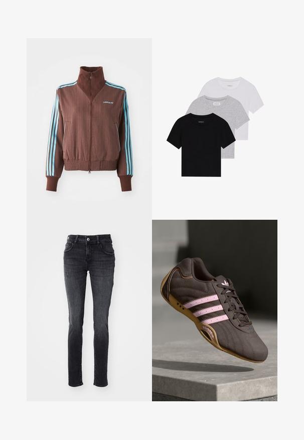 Pruun tõmblukk-jakk ribatud tekstuuriga, millel on türkiissinised kolmeribade aksessuaalid õlgadel ja varrukatel ning brodeeritud logo.; Kollektsioon kolm lühikese varrukaga T-särki mustas, hallis ja valges värvitoonis. Valmistatud puuvillast, ümmarguse kaelusega ja lihtsa, ühevärvilise disainiga.; Mustad mustad teksad, viie taskuga disain, kerge kulumine ja kulunud detailid ees. Valmistatud denimkangast, millel on sile tekstuur.; Pruunist nahast sportlik king, millel on roosa triip ja logo, tekstureeritud ülemine osa, paeltesulgur ning kummist tallad.