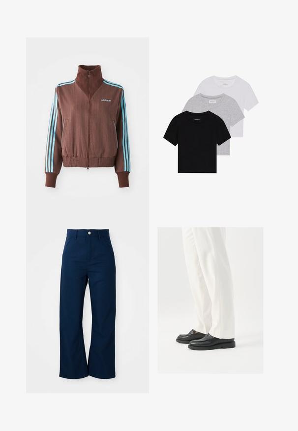Brązowa kurtka zapinana na zamek z ryflowaną teksturą, z turkusowymi trójpaskowymi akcentami na ramionach i rękawach oraz haftowanym logo.; Zestaw trzech koszulek z krótkim rękawem w kolorze czarnym, szarym i białym. Wykonane z bawełny, z okrągłym dekoltem i prostym, jednolitym wzorem.; Granatowe spodnie o szerokich nogawkach, wykonane z wytrzymałego materiału, z przednim zapięciem na guzik i czterema kieszeniami o gładkiej fakturze.; Czarne skórzane mokasyny o gładkiej teksturze, ze szczegółami w postaci szwów i zaokrąglonym noskiem, zestawione z białymi eleganckimi spodniami.