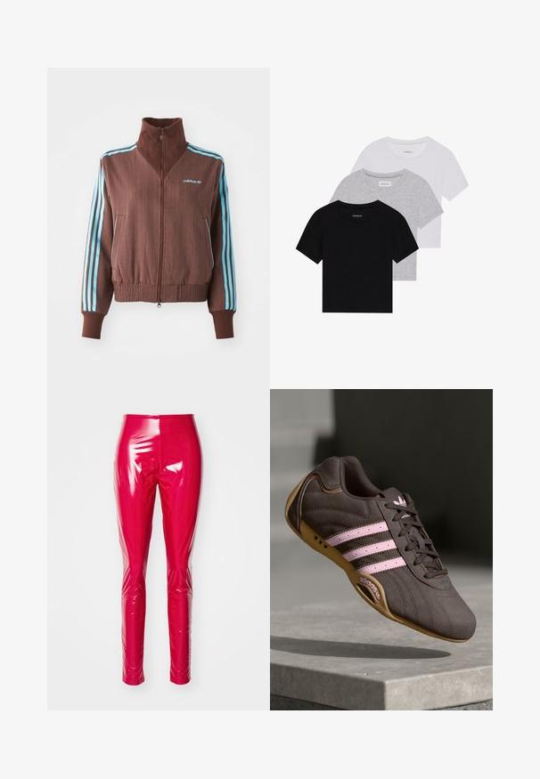 Brun zip-up jakke med ribbet tekstur, med turkise tre-stripe aksenter på skuldre og ermer, samt et brodert logo.; Sett med tre kortermede t-skjorter i svart, grått og hvitt. Laget av bomull, med rund hals og en enkel, ensfarget design.; Tette, høyt liv leggings laget av skinnende, lys rosa vinyl. Glatt tekstur uten synlige sømmer, avsmalner mot ankelen.; Brune suede atletik sko med rosa striper og logo, med en teksturert overdel, snøring og såle i gummigummi.