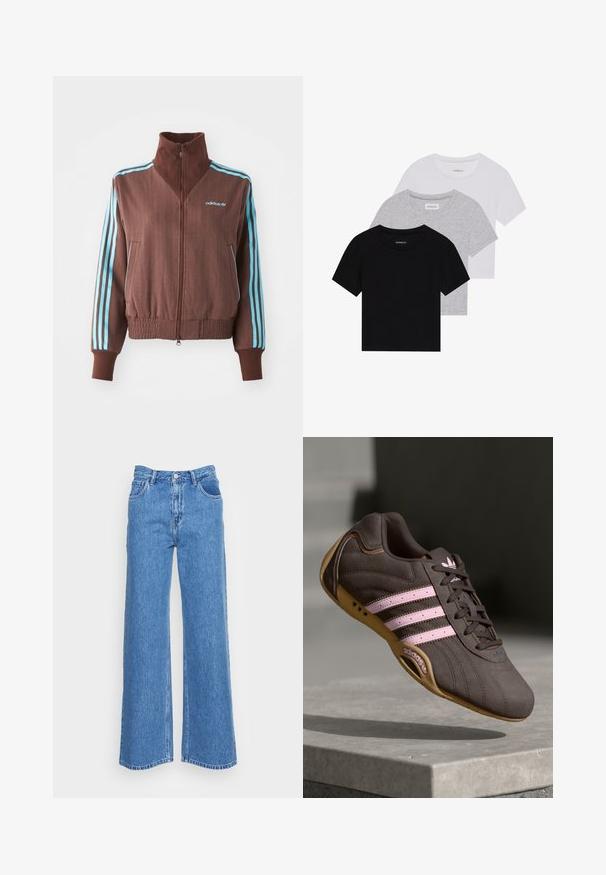 Hnědá zipová bunda s ribovanou strukturou, s tyrkysovými třemi pruhy na ramenech a rukávech a vyšitým logem.; Sada tří triček s krátkým rukávem v černé, šedé a bílé barvě. Vyrobena z bavlny, s kulatým výstřihem a jednoduchým jednobarevným designem.; Modré denimové široké džíny s vysokým pasem, které mají dvě přední kapsy a zapínání na knoflík. Tkanina má mírně texturovaný povrch.; Hnědé semišové sportovní boty s růžovými pruhy a logem, s texturovaným svrškem, šněrováním a gumovou podrážkou.