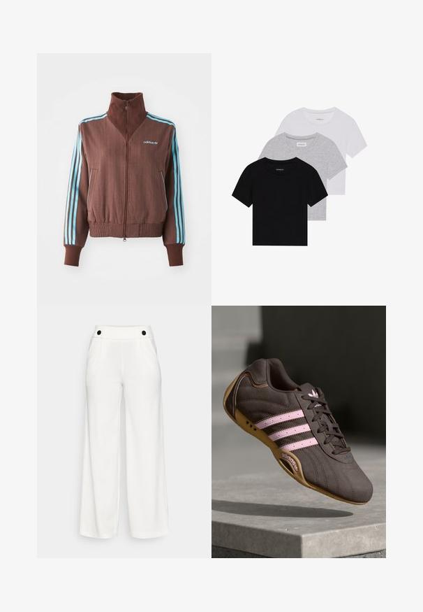Brun zip-up jakke med ribbet tekstur, der har turkise tre-stribe accenter på skuldrene og ærmerne samt et broderet logo.; Sæt af tre kortærmede t-shirts i sort, grå og hvid. Fremstillet af bomuld, har en rund hals og et enkelt, ensfarvet design.; Hvide brede bukser lavet af et glat stof. Har en høj talje med sorte knapdetaljer og to sidelommer.; Brune ruskind atletik sko med pink striber og logo, med en tekstureret overdel, snørebåndslukning og en gummirubbersål.