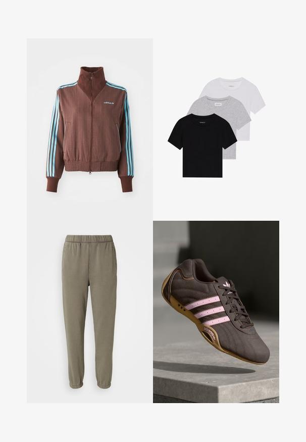 Brown zip-up jacket with a ribbed texture, featuring turquoise three-stripe accents on shoulders and sleeves, and an embroidered logo.; Set of three short-sleeve t-shirts in black, gray, and white. Made from cotton, featuring a crew neck and a simple, solid color design.; GAP Tracksuit bottoms - greenish grey; Brown suede athletic shoe with pink stripes and logo, featuring a textured upper, lace closure, and a gum rubber sole.